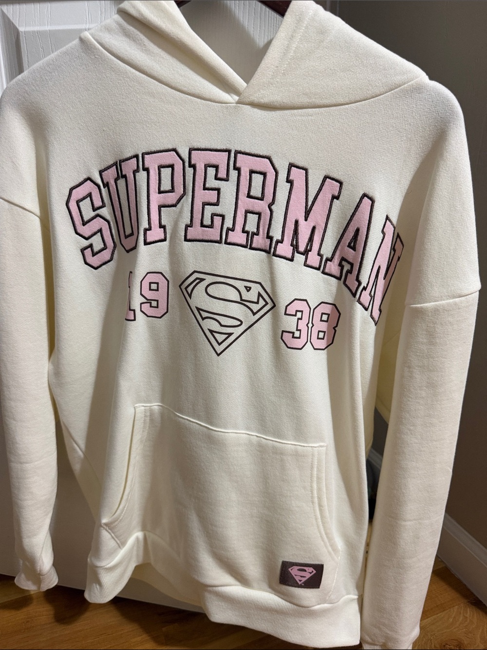 Superman Graphic Hoodie - Cream with Pink Logo